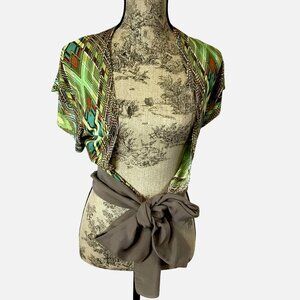 ROZAE NICHOLS Silk Geometric Wrap Kimono Top M  Multicolor Obi Tie Waist